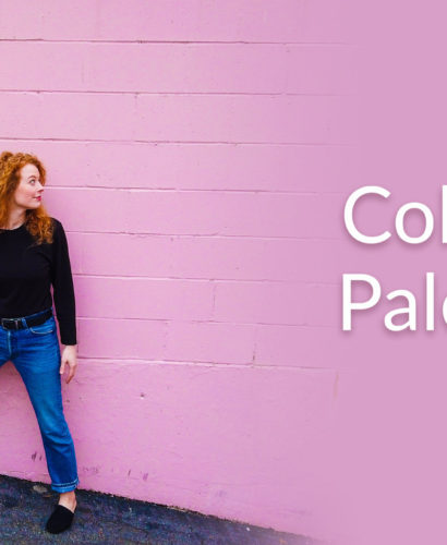 Paula in front of a pink wall with the text Colour Palette